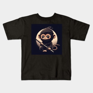 cute little ninja monkey with a katana sword on black background Kids T-Shirt